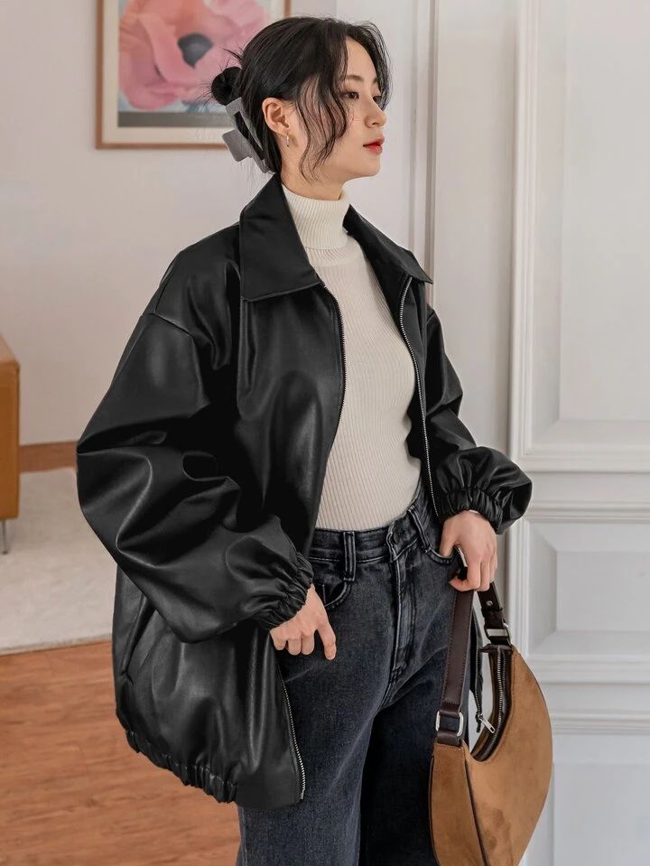 Dazy-Less Drop Shoulder Slant Pockets PU Jacket | SHEIN