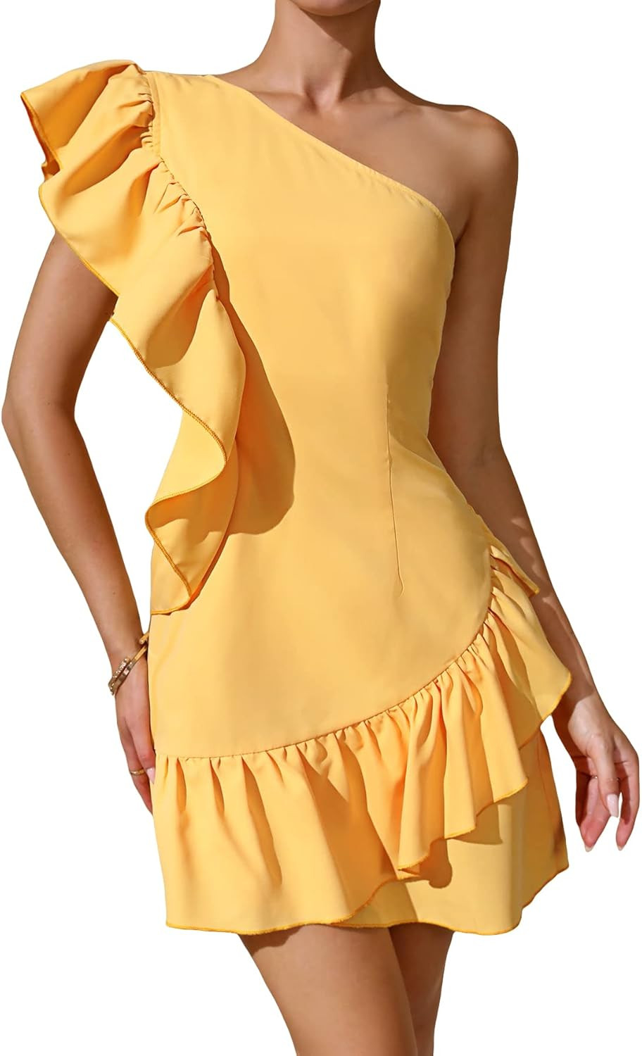 MakeMeChic Women's One Shoulder Ruffle Cap Sleeve Layered Fitted Cocktail Party Mini Dress | Amazon (US)