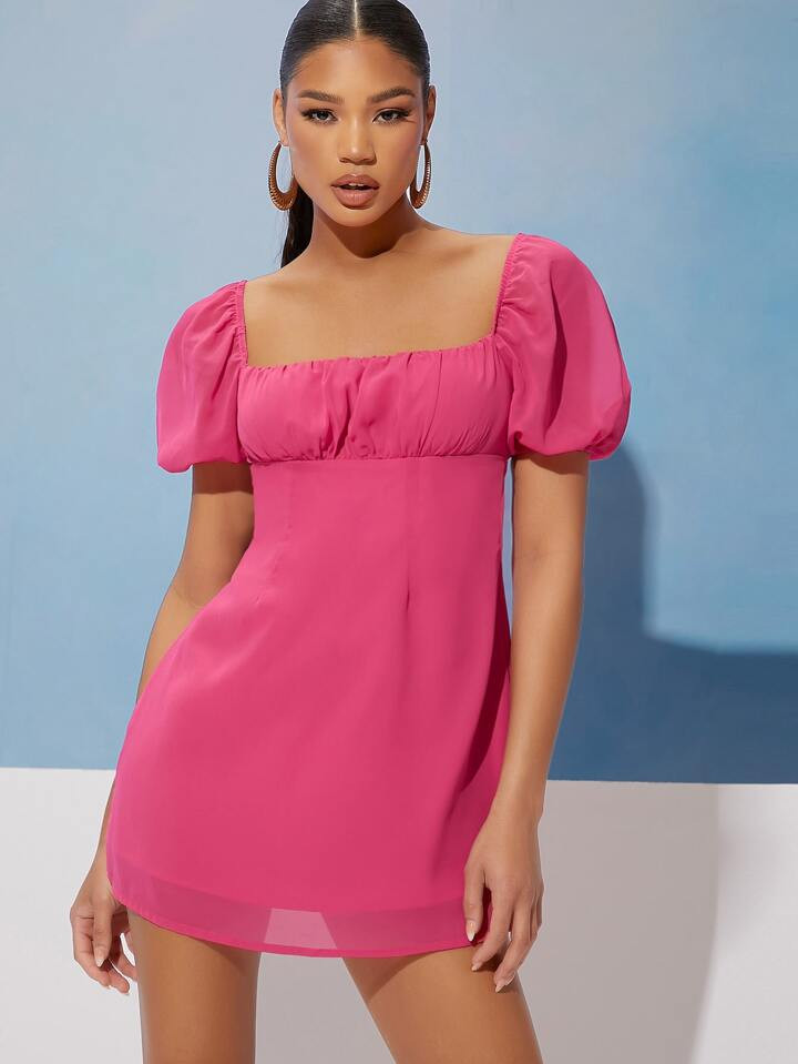 SHEIN Privé Square Neck Puff Sleeve Tie Back Chiffon Dress | SHEIN