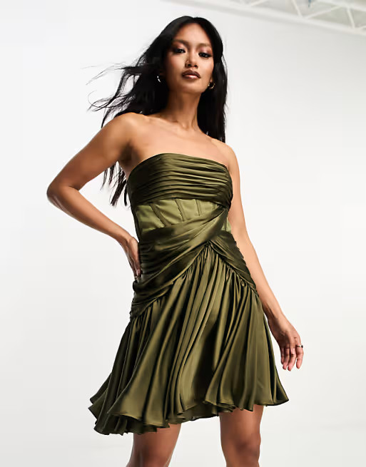 ASOS DESIGN corset draped skater satin mini dress in khaki | ASOS (Global)