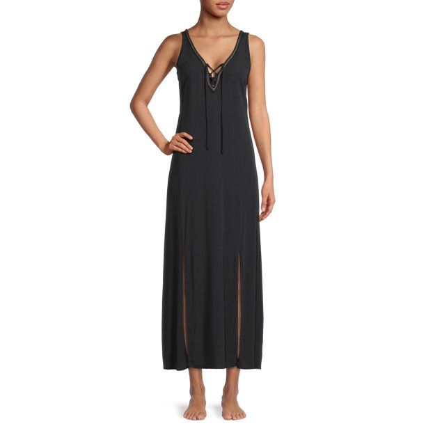 Miken Women's Lace Up V-neck Swim Cover Up Dress | Walmart (US)