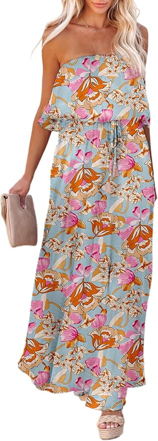 Dokotoo Womens Strapless Dresses Casual Summer High Waist Side Split Flowy Boho Maxi Dress | Amazon (US)