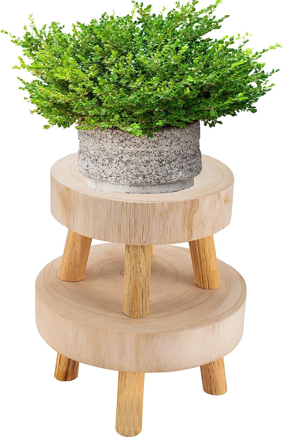 Pack of 2 Mini Wooden Stool Display Stand- Round Decorative Flower Shelf Bonsai Rack Garden Plant... | Amazon (US)