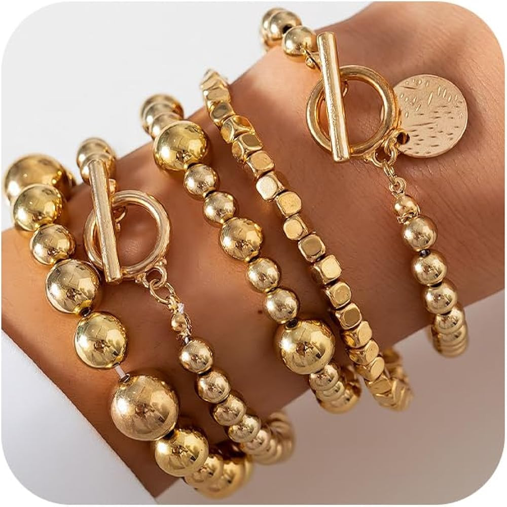 DZSYJKTM 5Pcs Gold Silver Beaded Bracelets Stackable Set for Women Trendy, Vintage Ball Beads Sta... | Amazon (US)