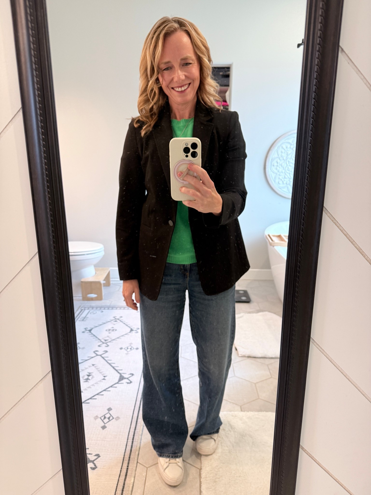 The black suit jacket from Macy’s that is so comfortable to throw on for that important zoom meeting.  

Paired with my fav baggy jeans and sneakers!  

#LTKWorkwear #LTKOver40 #LTKSaleAlert