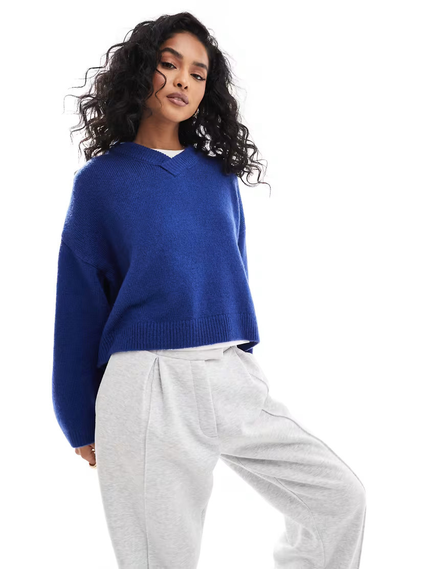 ASOS DESIGN fluffy knitted v neck sweater in cobalt blue | ASOS (Global)
