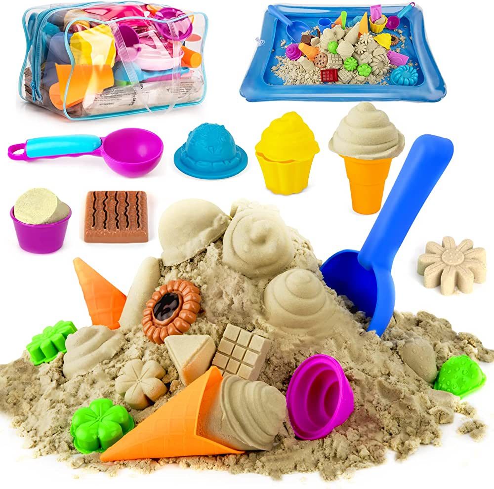 Play Sand Ice Cream Kit, 3lbs Magic Sand, Food Molds Tools, Kitchen Toys, Tray and Storage Bag, 4... | Amazon (US)