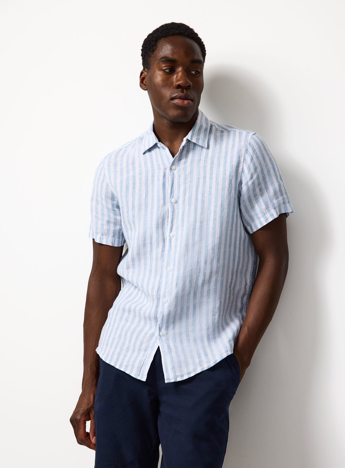 Blue Pure Linen Stripe Short Sleeve Shirt | Tu Clothing