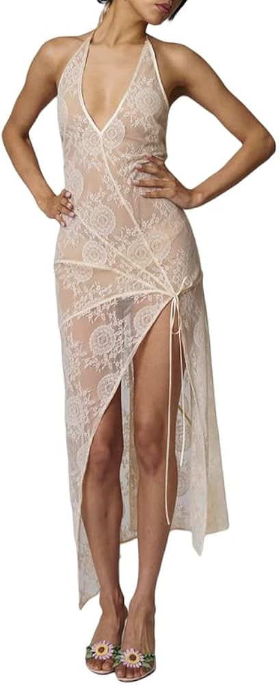 Women Y2k See Through Mini Dress Vintage Sleeveless Spaghetti Strap Short Lace Dress Sleeveless B... | Amazon (US)