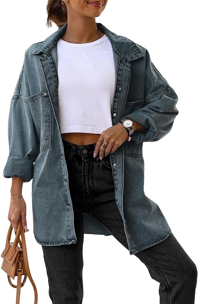 Saodimallsu Women's Oversized Denim Jackets Casual Button Down Long Boyfriend Jean Coats with Poc... | Amazon (US)