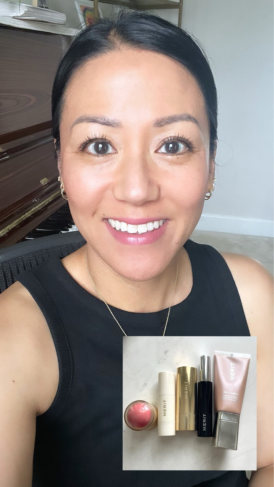 @Merit 
Flush balm- shade Stockholm
The Uniform tinted SPF- shade 16
Bronzer- Clay
Highlighter- Champagne
Clean volume tubing mascara - black

#LTKSaleAlert #LTKBeauty #LTKOver40