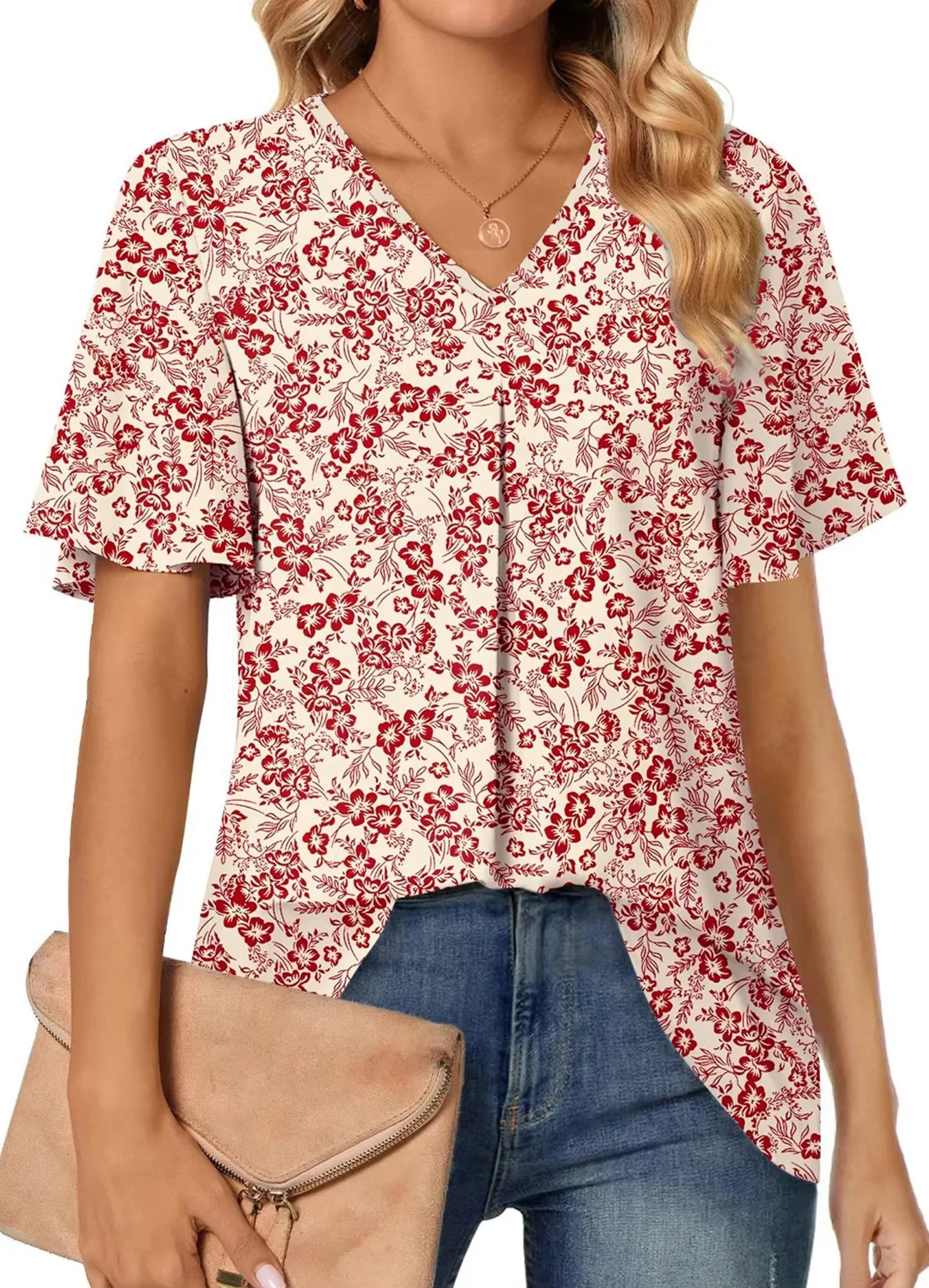 Fantaslook Womens Tops Dressy Blouses V Neck Short Sleeve Tunic Tops Casual Work Shirts | Walmart (US)