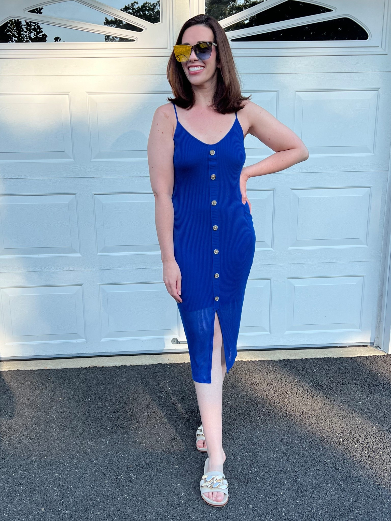 Spaghetti strap ribbed blue button down dress (small). White gold sandals (8.5). #dress #dresses #bluedress #ribbeddress #buttondowndress #spaghettistrapdress #sandals #goldsandals #summeroutfit #whitesandals

#LTKSeasonal #LTKStyleTip #LTKFindsUnder100