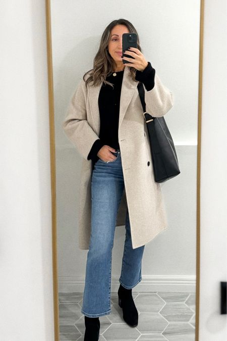 I have these jeans in 3 colors - they pair perfect with just about any style of shoe. TTS for me. 
I sized up in the cashmere sweater for a relaxed fit. 
Aquatalia booties old - linking great alternatives
Oversized coat in xs - comes in more colors.  
The leather tote is a fave of mine and worn weekly - such a good timeless bag.  