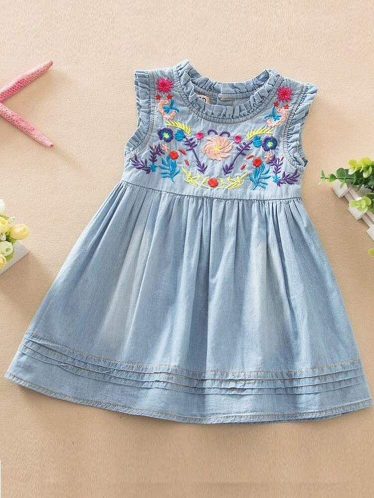 Toddler Girls Floral Embroidery Frill Trim Denim Dress | SHEIN USA | SHEIN