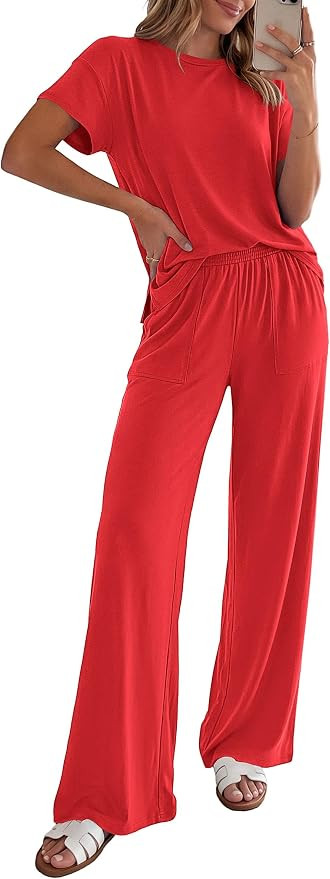 PRETTYGARDEN Women's 2026 Summer 2 Piece Matching Lounge Sets Short Sleeve Shirts Tops Wide Leg P... | Amazon (US)