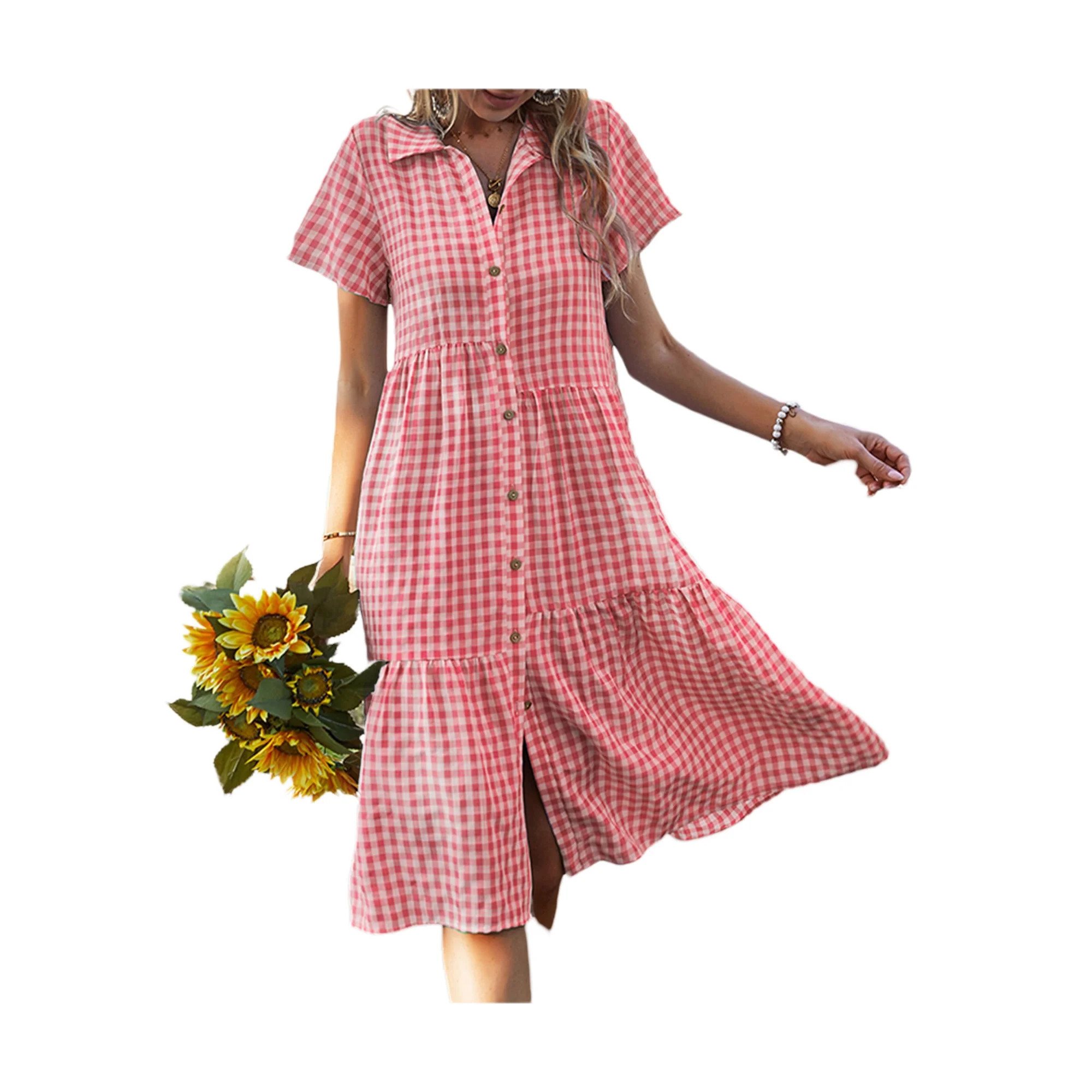 Inevnen Women Smock Plaid Midi Dresses A Line Lapel Gingham Short Sleeve Loose Button Down Sundre... | Walmart (US)