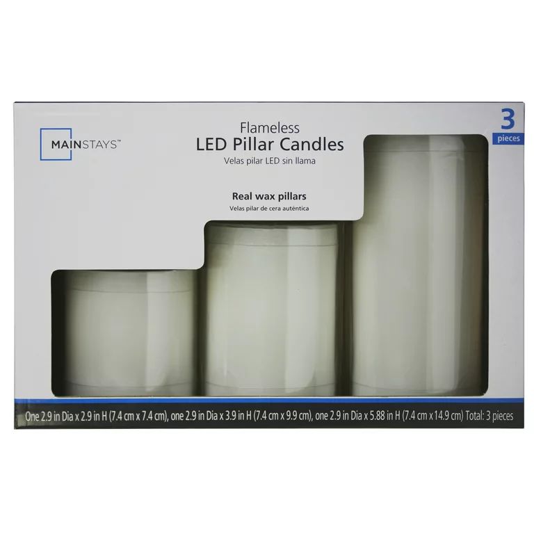 Mainstays 3-Pack Flameless LED Pillar Candle, White, Various Sizes | Walmart (US)