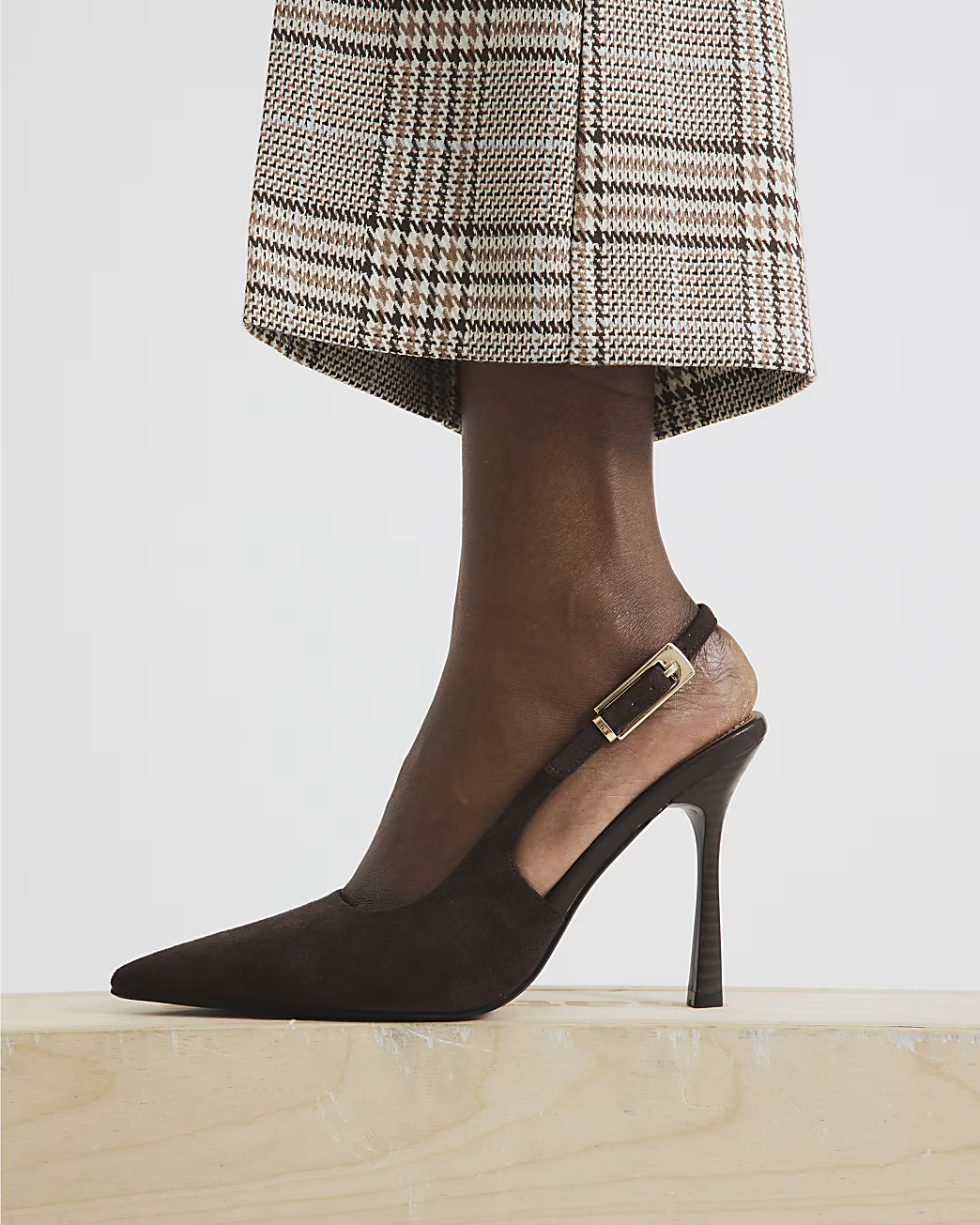 Brown Faux Suede Slingback Buckle Court Heels | River Island UK & IE
