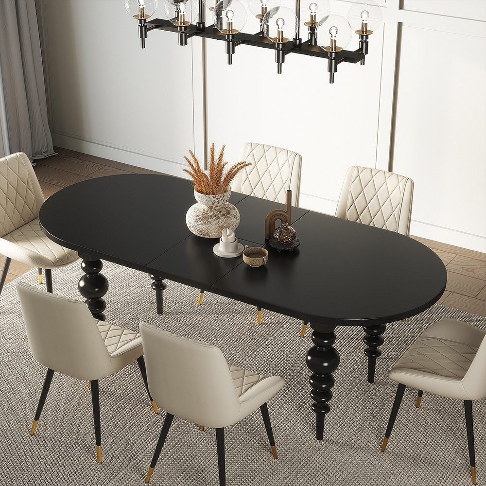 Oval Extendable Dining Table Set 67"-79" Black Antique Dining Table & 6 PU Leather Side Dining Chairs | Homary