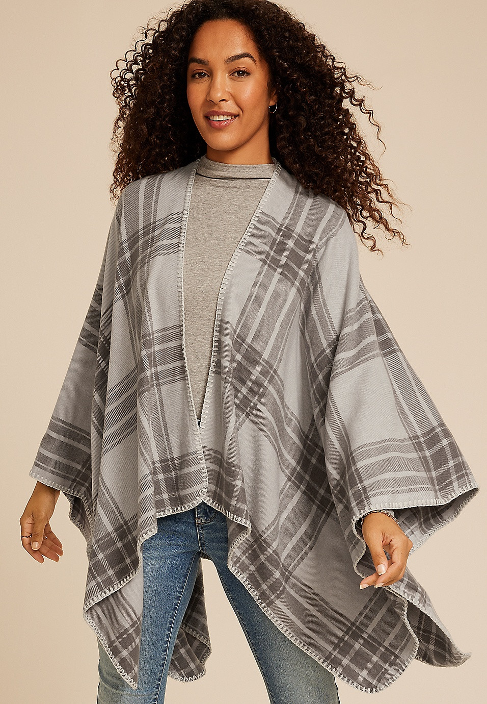 Whipstitch Plaid Blanket Kimono | Maurices