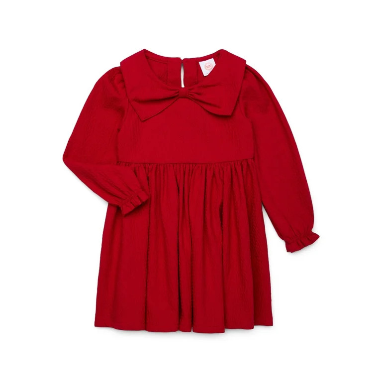 Wonder Nation Toddler Girls Puckered Bow Dress with Long Sleeves, Sizes 12M-5T | Walmart (US)