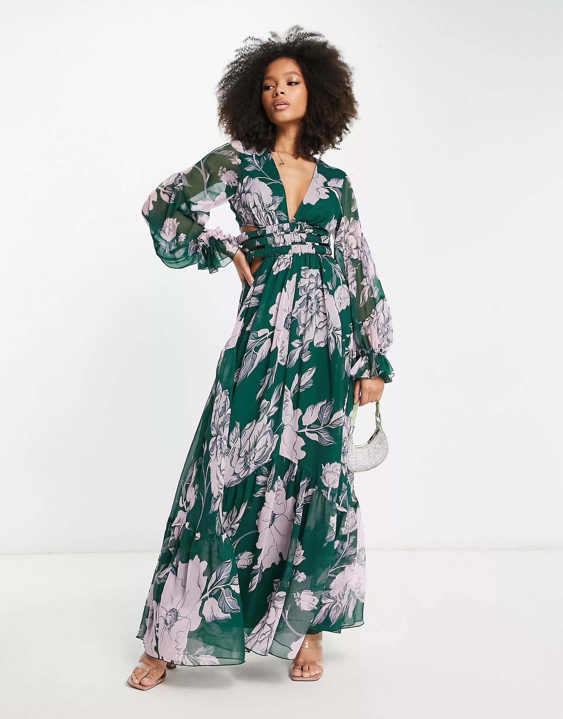 ASOS DESIGN plunge maxi dress with elasticated cut out detail in dark green floral print | ASOS (Global)