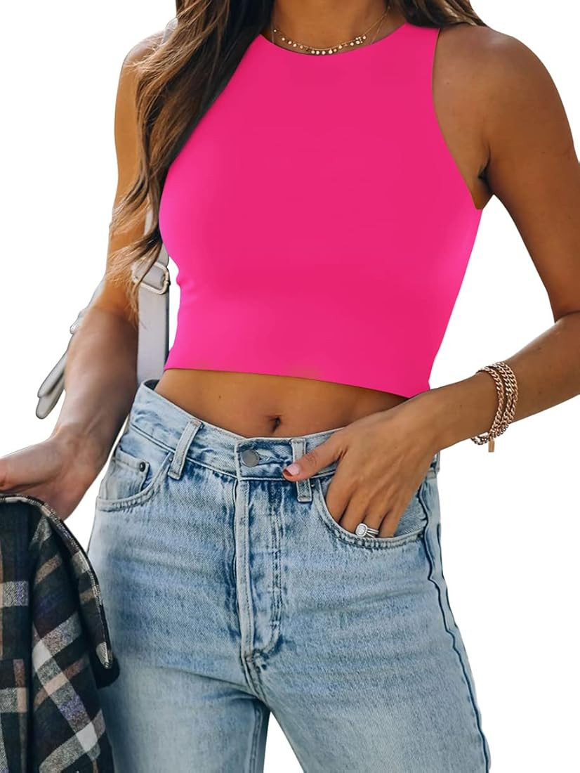 REORIA Women’s Sexy Sleeveless Racer Back Tank Tops Halter Neck Crop Tops | Amazon (US)