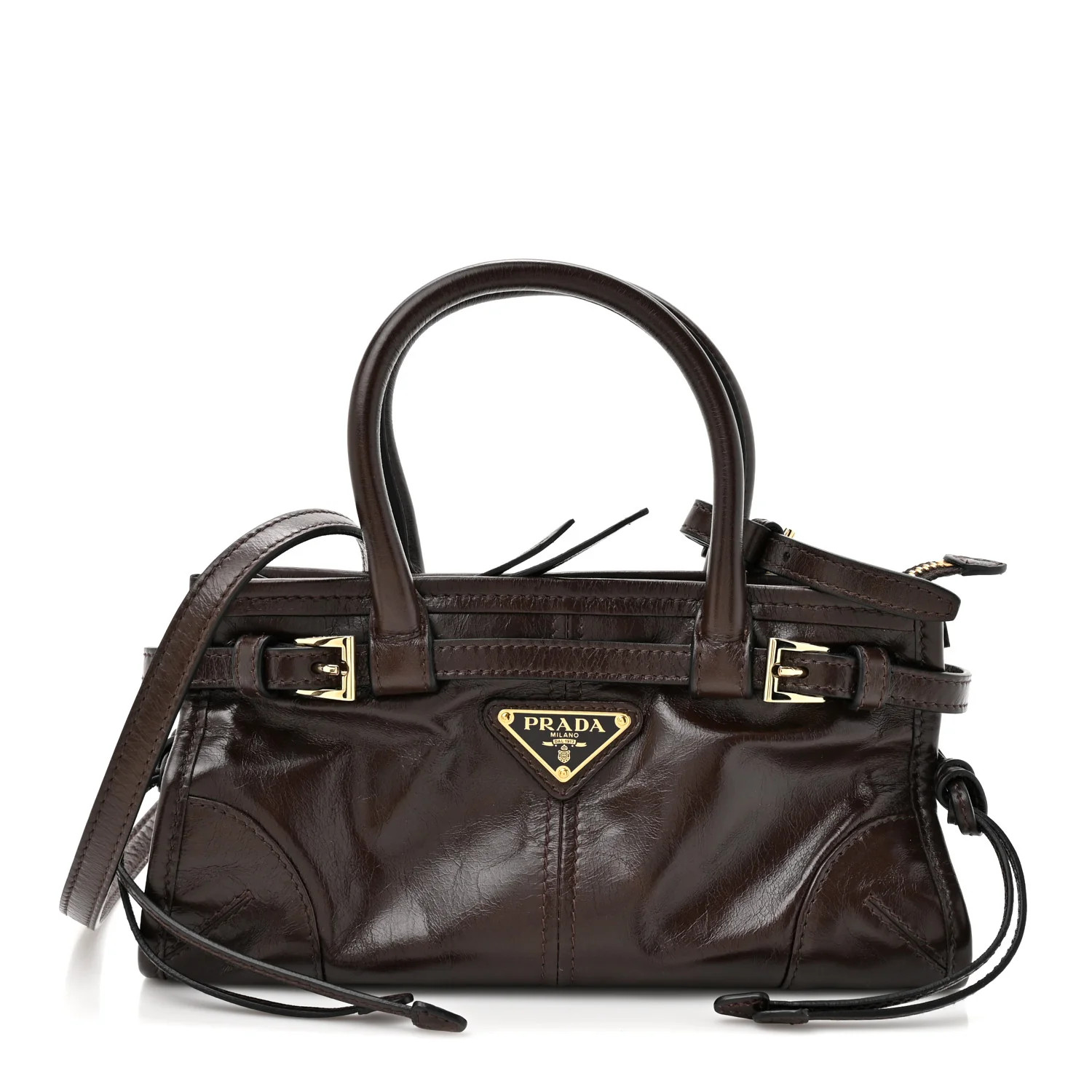 Prada Glossy Calfskin Triangle Mini Bonnie Shoulder Bag Moro 1913379 | FASHIONPHILE (US)