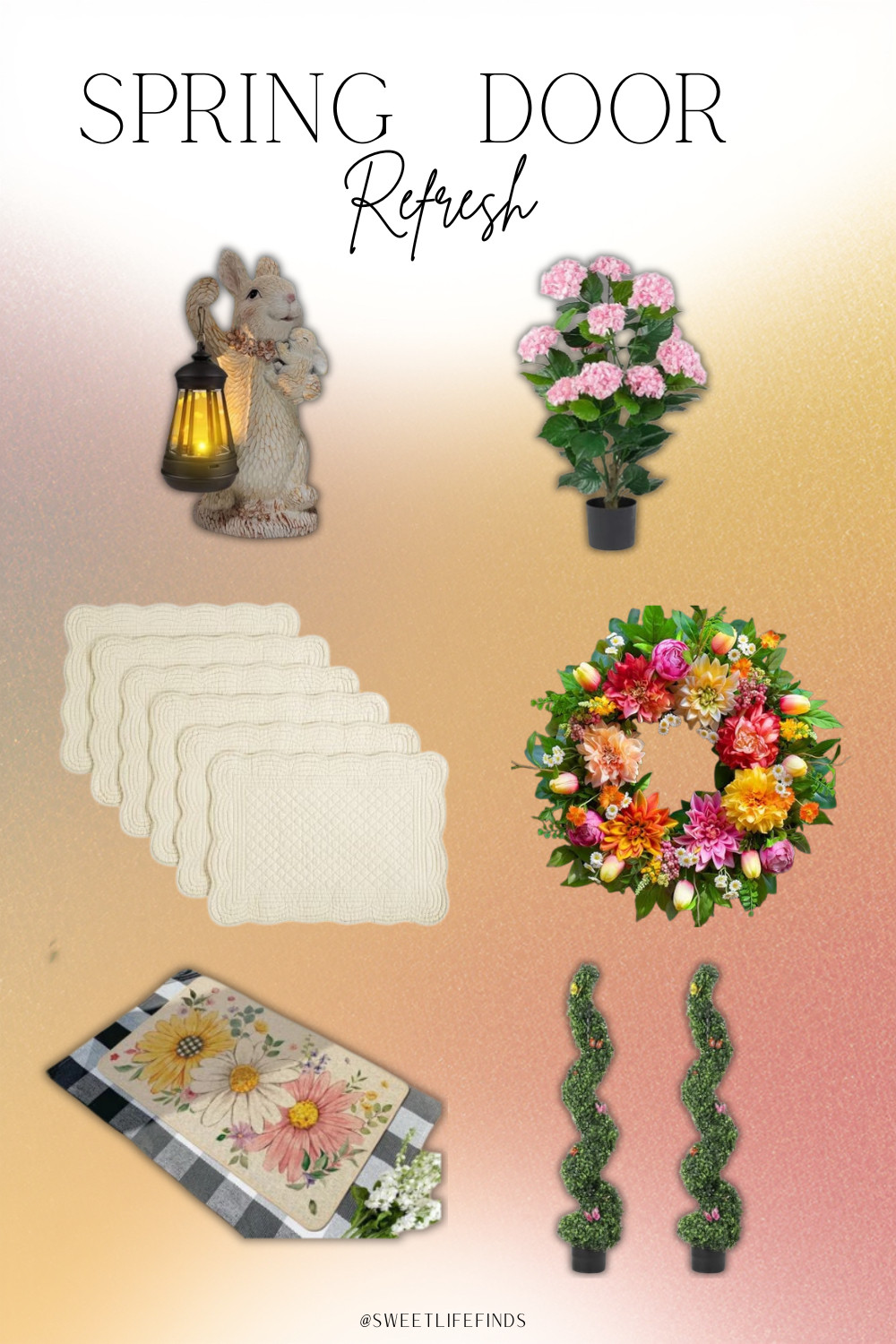 Spring door refresh made easy with these cute seasonal finds. A new wreath, layered doormat, and a few fresh accents instantly make your entryway feel brighter and more welcoming. I linked all my favorite pieces in my LTK. #LTKHome #SpringDecor #FrontDoorStyle #SweetLifeByKourtney
 

 #LTKSeasonal #LTKHome