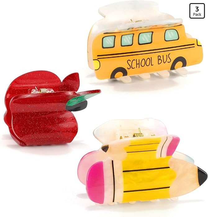 3Pcs Pencil School Bus and Apple Claw Clips for Back to School, Cute Unique Teacher Hair Clips fo... | Amazon (US)