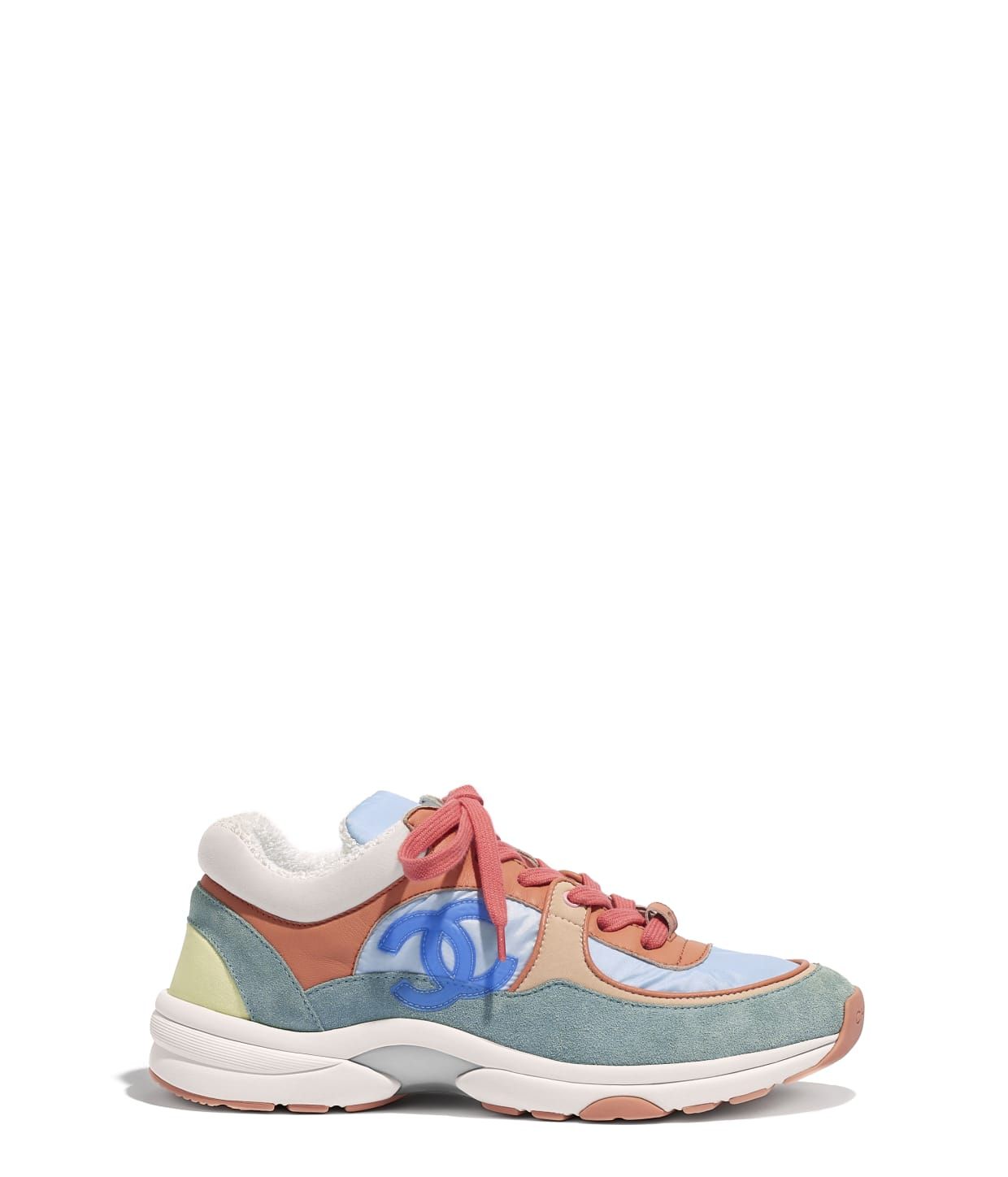 Nylon, Lambskin & Suede Calfskin Coral, Light Blue & White Sneakers | CHANEL | Chanel, Inc. (US)