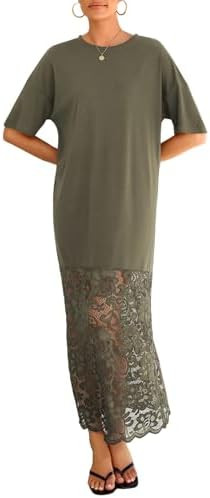 LOLONG Women Short Sleeve Lace Patchwork Crew Neck Maxi Dress Summer Trendy | Amazon (US)
