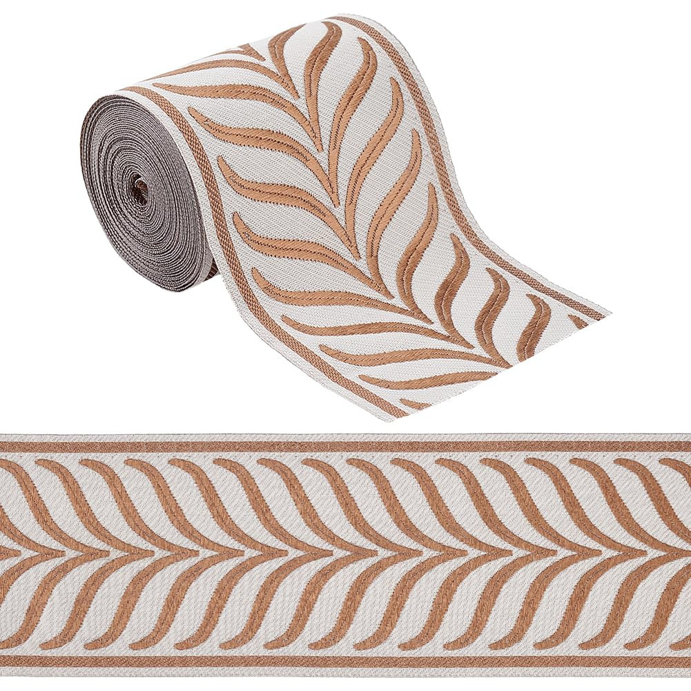 OLYCRAFT 5.5 Yards/5M Jacquard Ribbon Trim 3.4 Inch Leaf Striped Jacquard Polyester Ribbons Camel... | Amazon (US)