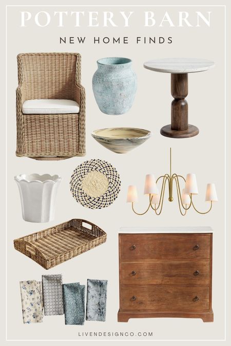 Pottery Barn new home finds. Home decor. Spring decor. Outdoor patio wicker chair. Shade chandelier. Blue ceramic vase. Stoneware. Decorative bowl. Marble wood side accent table. Woven placemats. Fluted scallop planter pot. Woven tray. Coffee table decor. Spring decor. Printed cloth napkins. Dresser. 

#LTKSeasonal #LTKhome #LTKfindsunder100