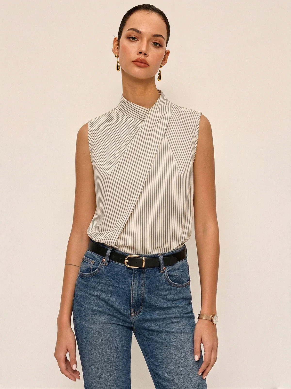 Sleeveless Striped High Neck Blouse | Commense