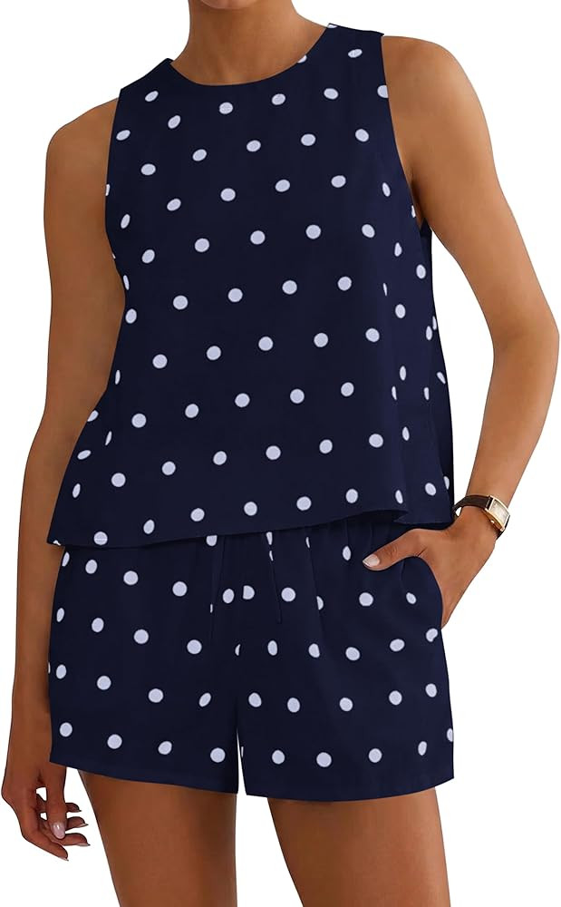 Ythomm Womens Polka Dot Two Piece Lounge Sets Summer Sleeveless Tops Drawstring Linen Shorts Matc... | Amazon (US)