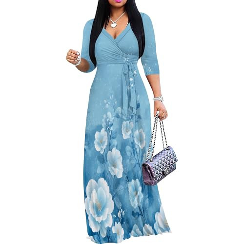 Women's Blue Watercolor Floral Plus Size Maxi Dress 3/4 Sleeve | Amazon (US)