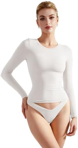 SUUKSESS Women Double Lined Fitted Basic T Shirts Crew Neck Long Sleeve Crop Top | Amazon (US)