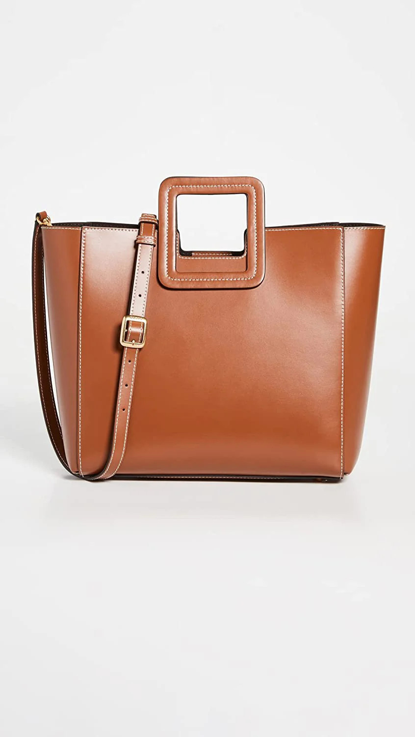 Staud Women Shirley Detachable Crossbody Strap Zip Pouch Leather Tote Bag Tan OS | Shop Simon