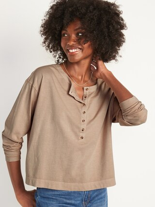 Loose Garment-Dyed Long-Sleeve Henley T-Shirt for Women | Old Navy (US)