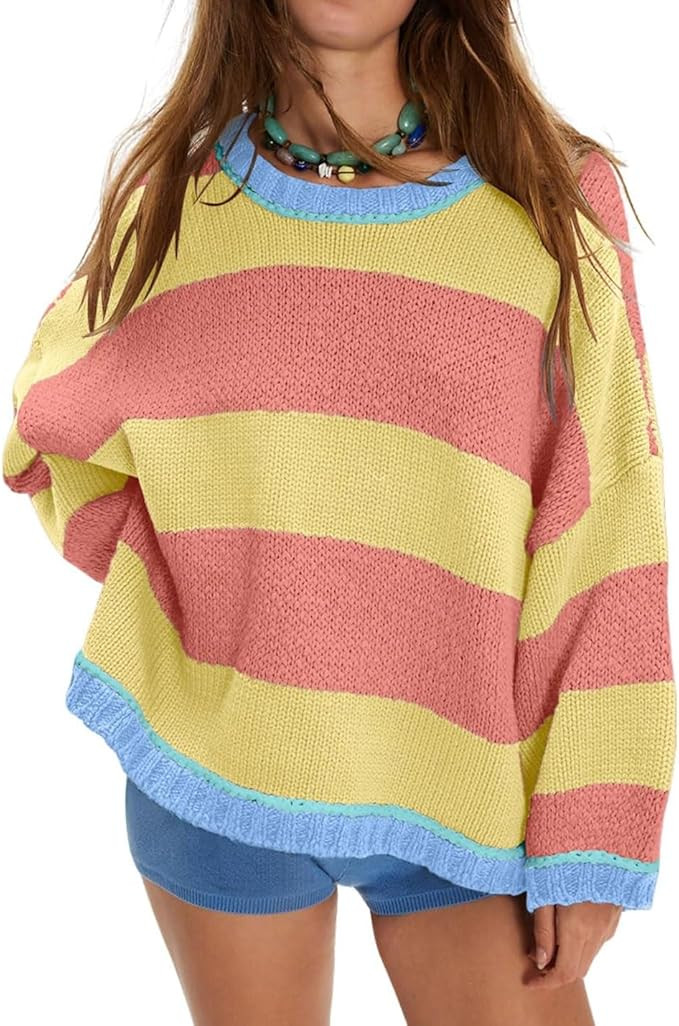 Womens Fall Color Block Striped Sweater Crewneck Long Sleeve Loose Pullover Sweaters Knitted Tops | Amazon (US)
