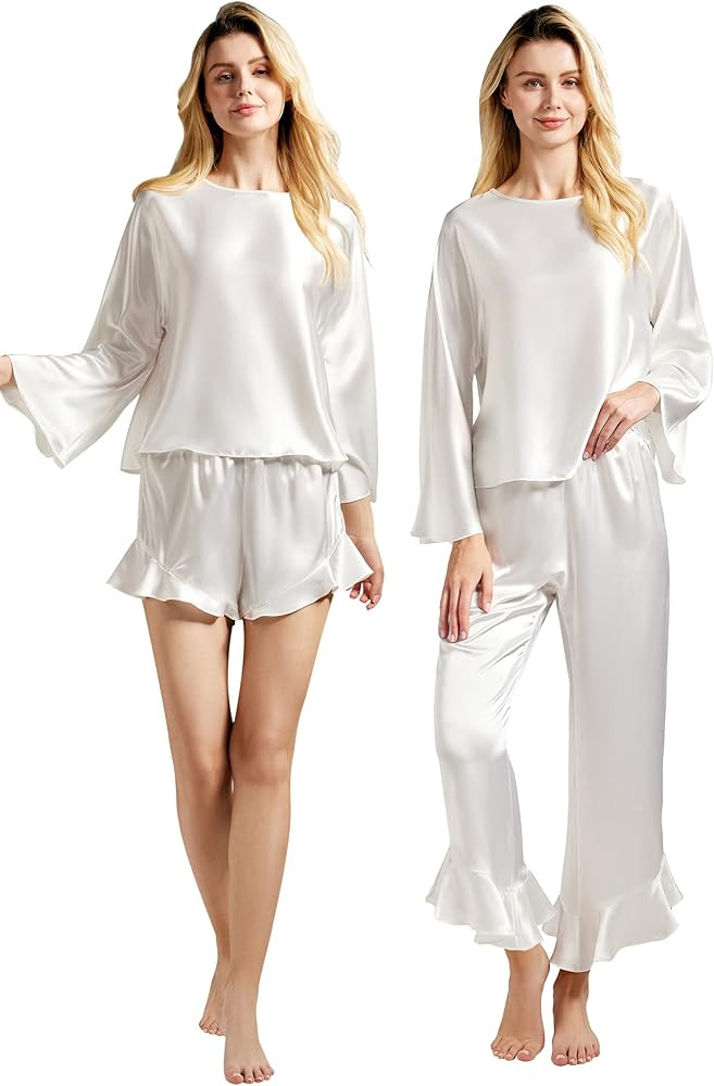 AW BRIDAL 3Pcs Womens Pajama Sets Scoop Neck Long Pjs Set Soft Ruffle Sleepwear Nightwear loungew... | Amazon (US)