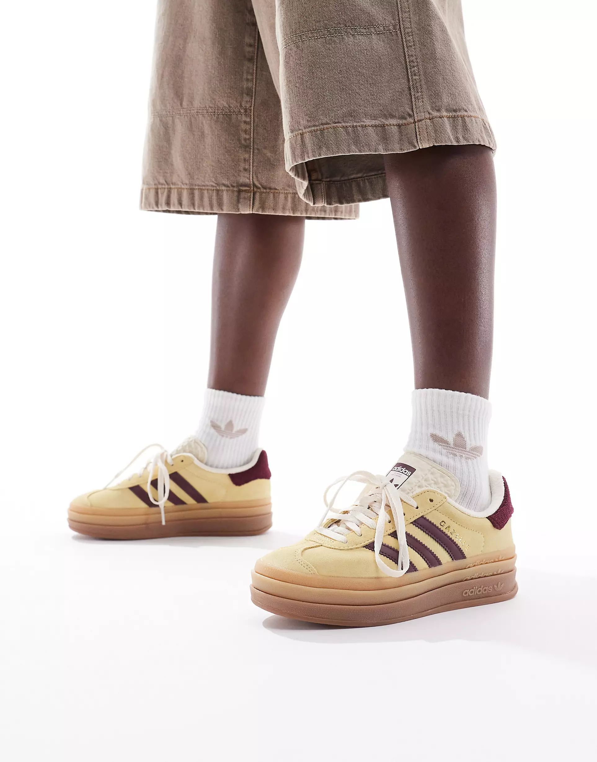 adidas Originals Gazelle Bold sneakers with gum sole in yellow and burgundy | ASOS (Global)