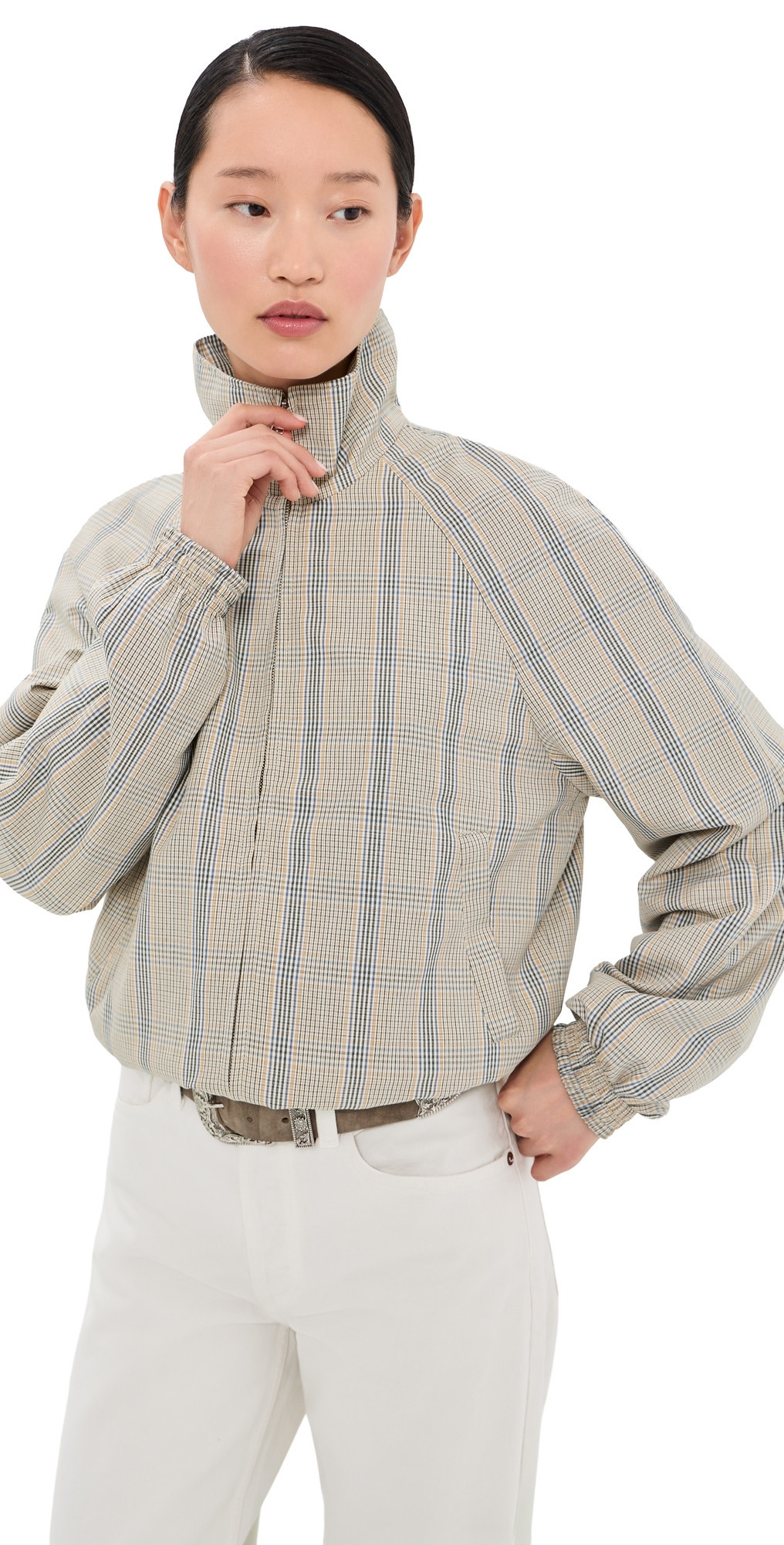 Acne Studios Plaid Bomber Funnel Neck Jacket Brown/Blue 38 | Shopbop