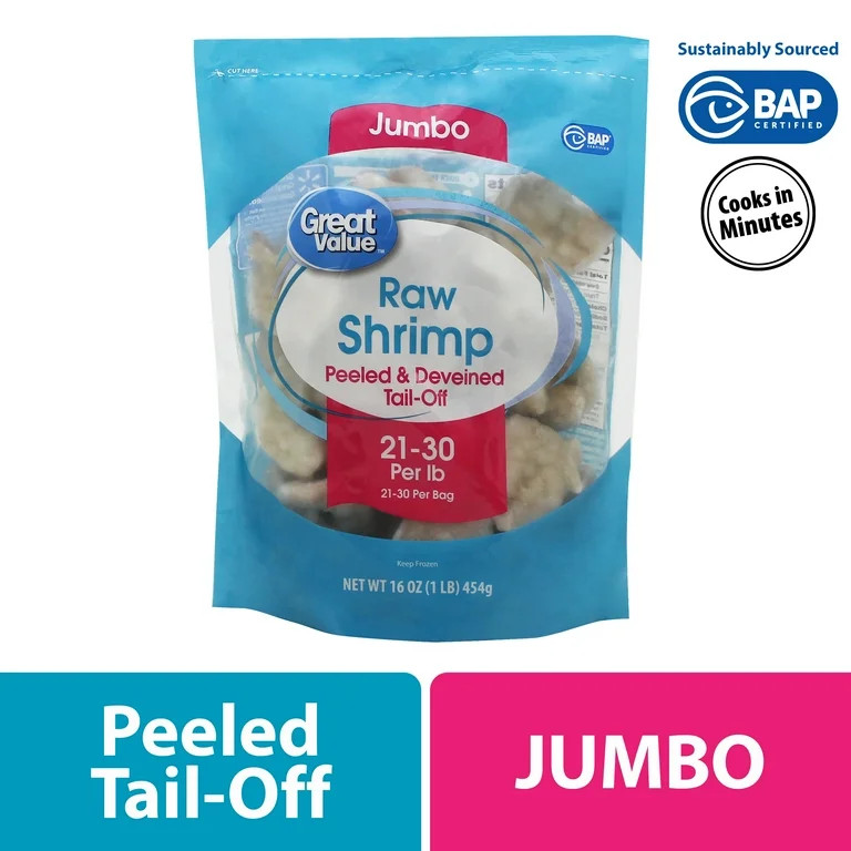 Great Value Raw Jumbo Tail-off Shrimp, 16 oz Bag (21-30 Count per lb) (Frozen) - Walmart.com | Walmart (US)
