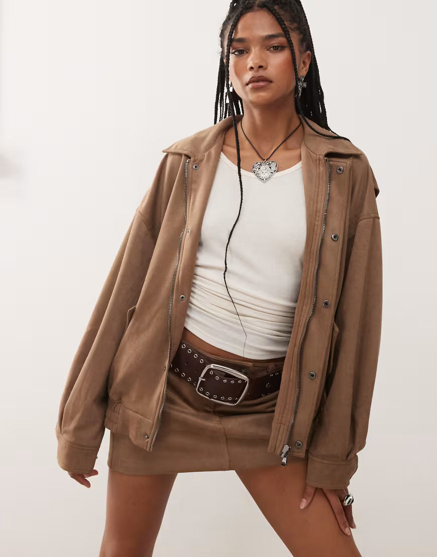 Lioness Kenny faux suede collared bomber jacket in light tan-Brown | ASOS (Global)