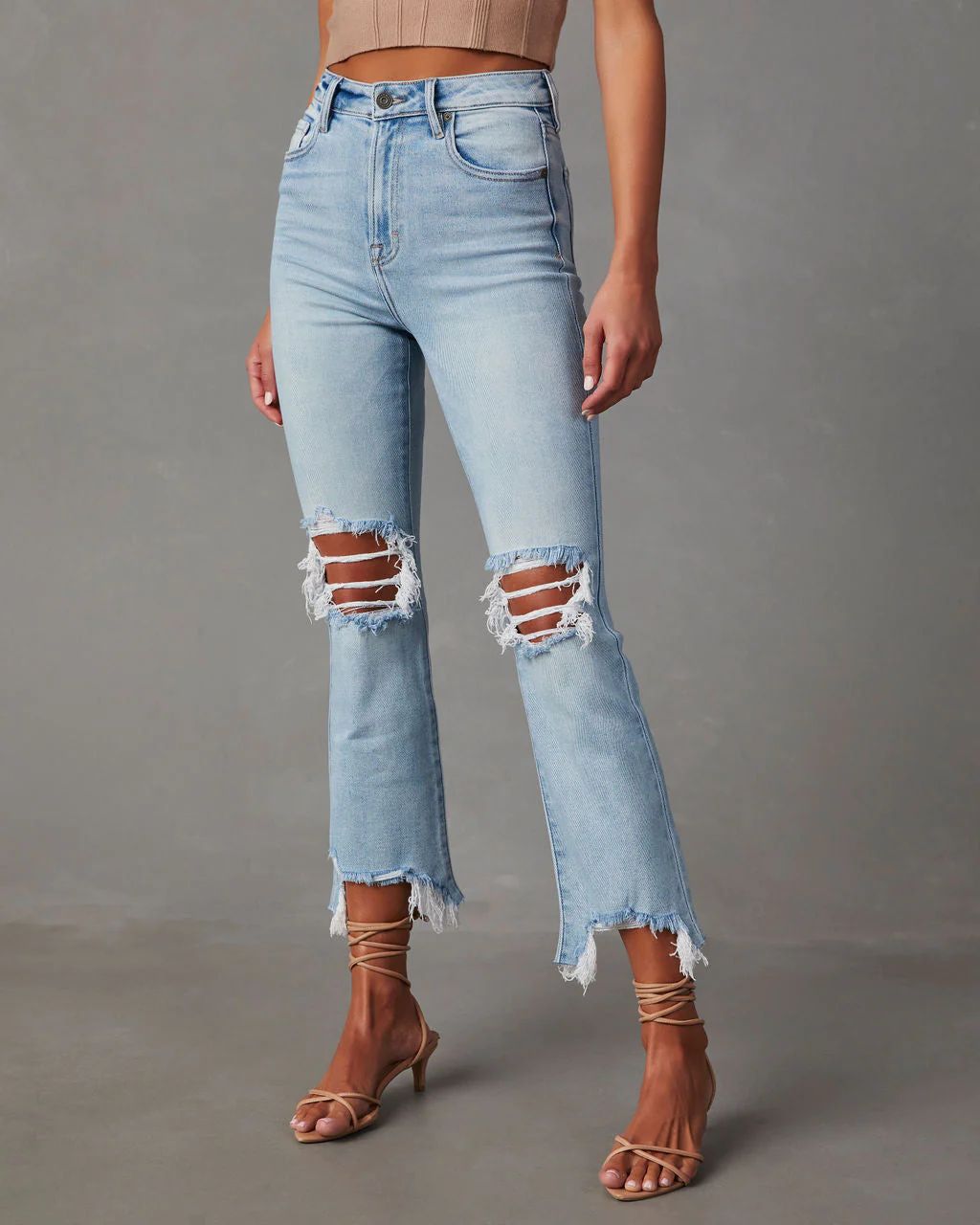 Cosmia High Rise Distressed Crop Flare Denim | VICI Collection