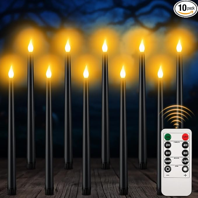 YUNVI 10 Pcs Halloween Flameless Taper Candles with Timer,Battery Operated Black LED Taper Candle... | Amazon (US)
