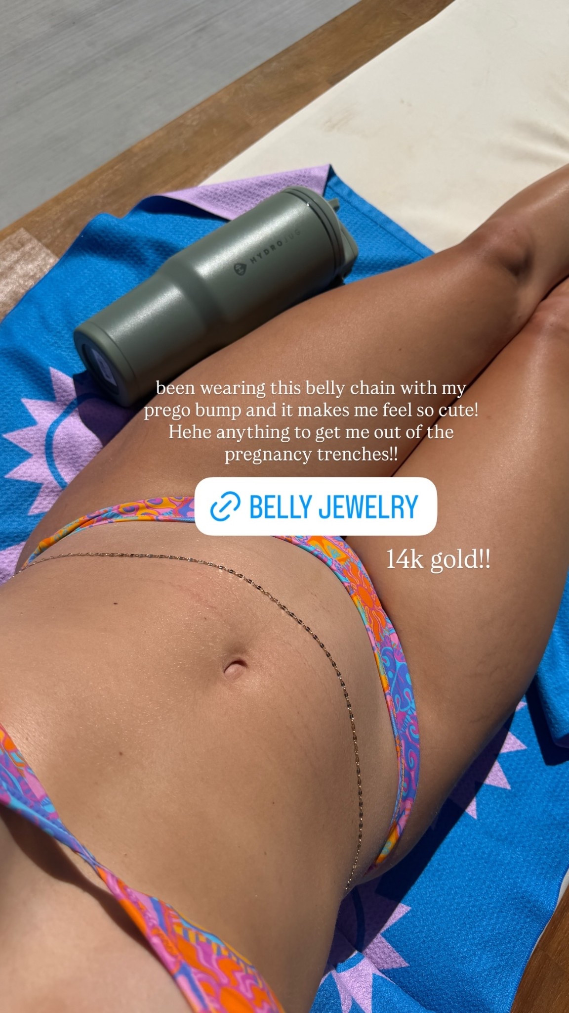 been wearing this belly chain with my prego bump and it makes me feel so cute! Hehe anything to get me out of the pregnancy trenches!! 14k gold!!